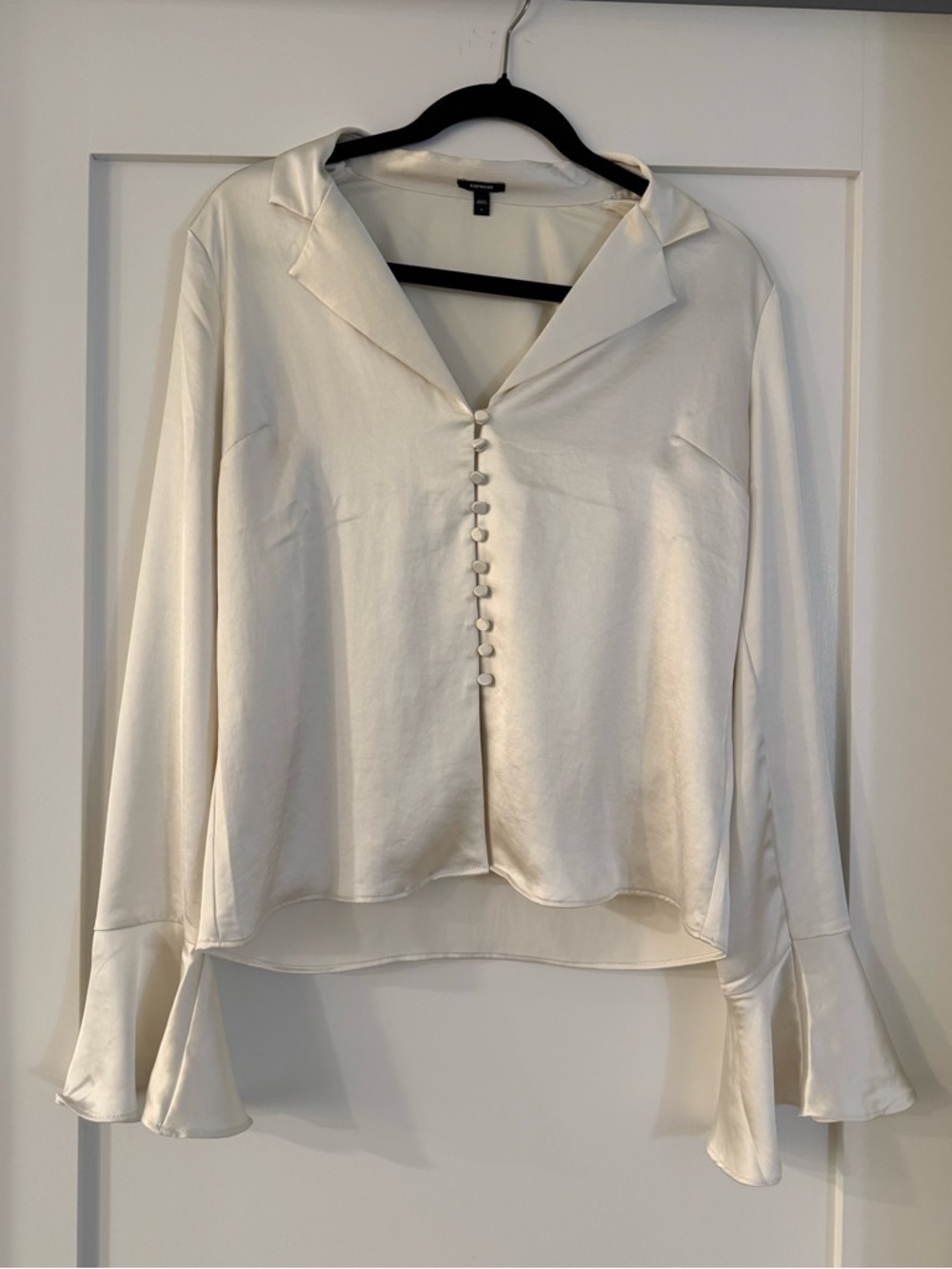 Express Satin V-Neck Flare Sleeve Blouse (White)
